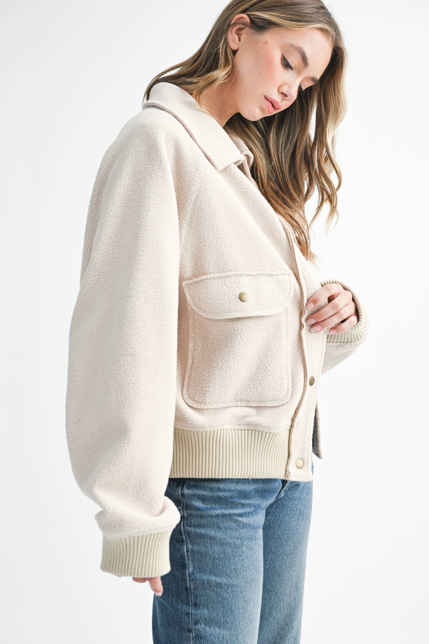 Cropped Button-Up Fleece Jacket