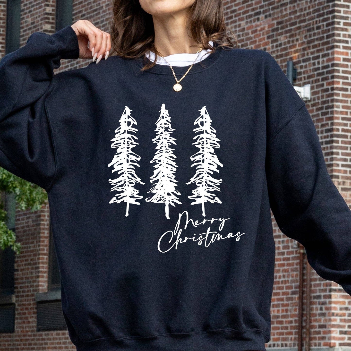 Merry Christmas Sketched Pine Trees Sweater