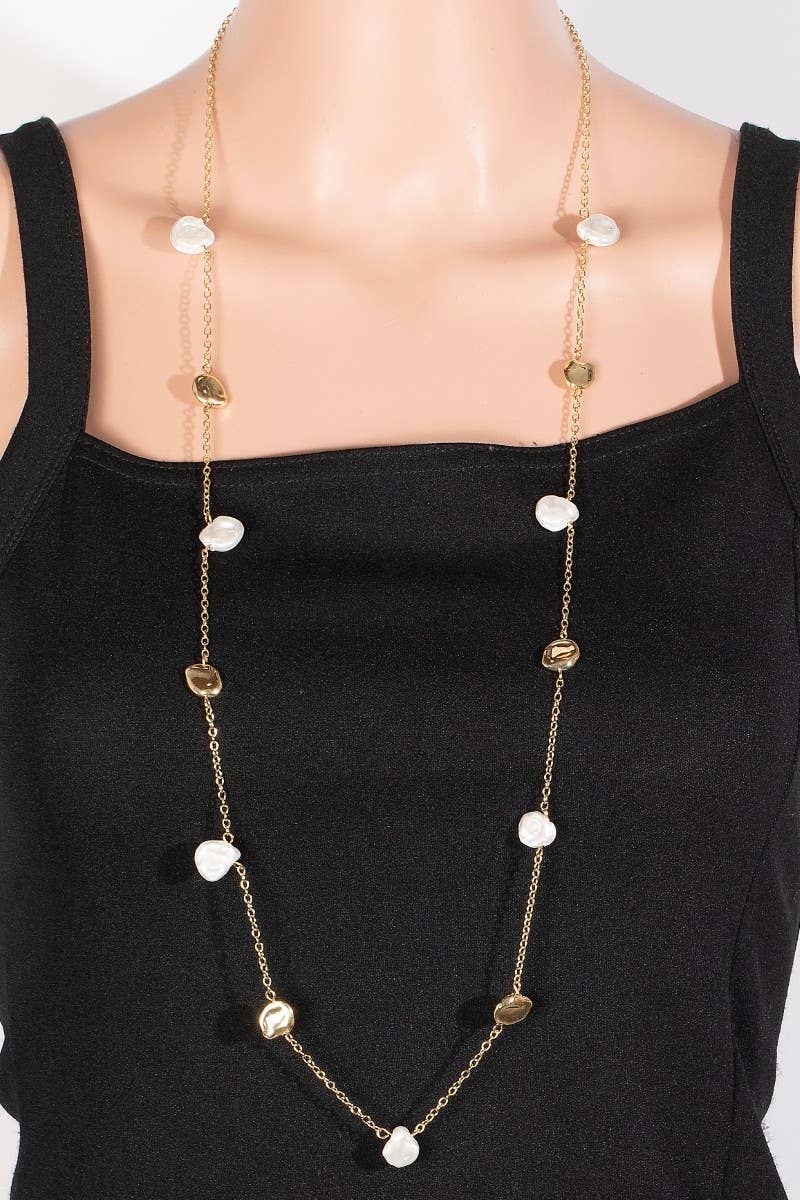 Pearl And Metallic Station Charms Chain Long Necklace Set