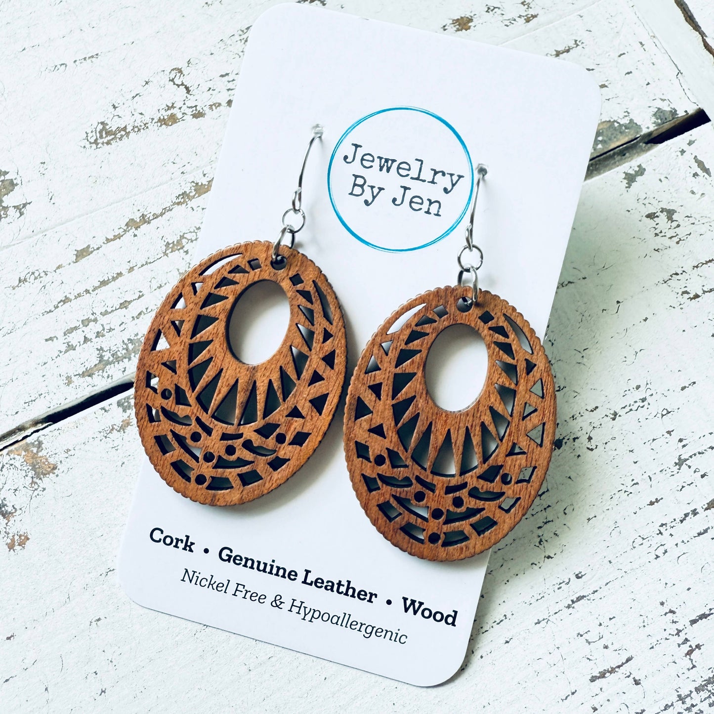 Wood Cutout Oval Earrings: Brown
