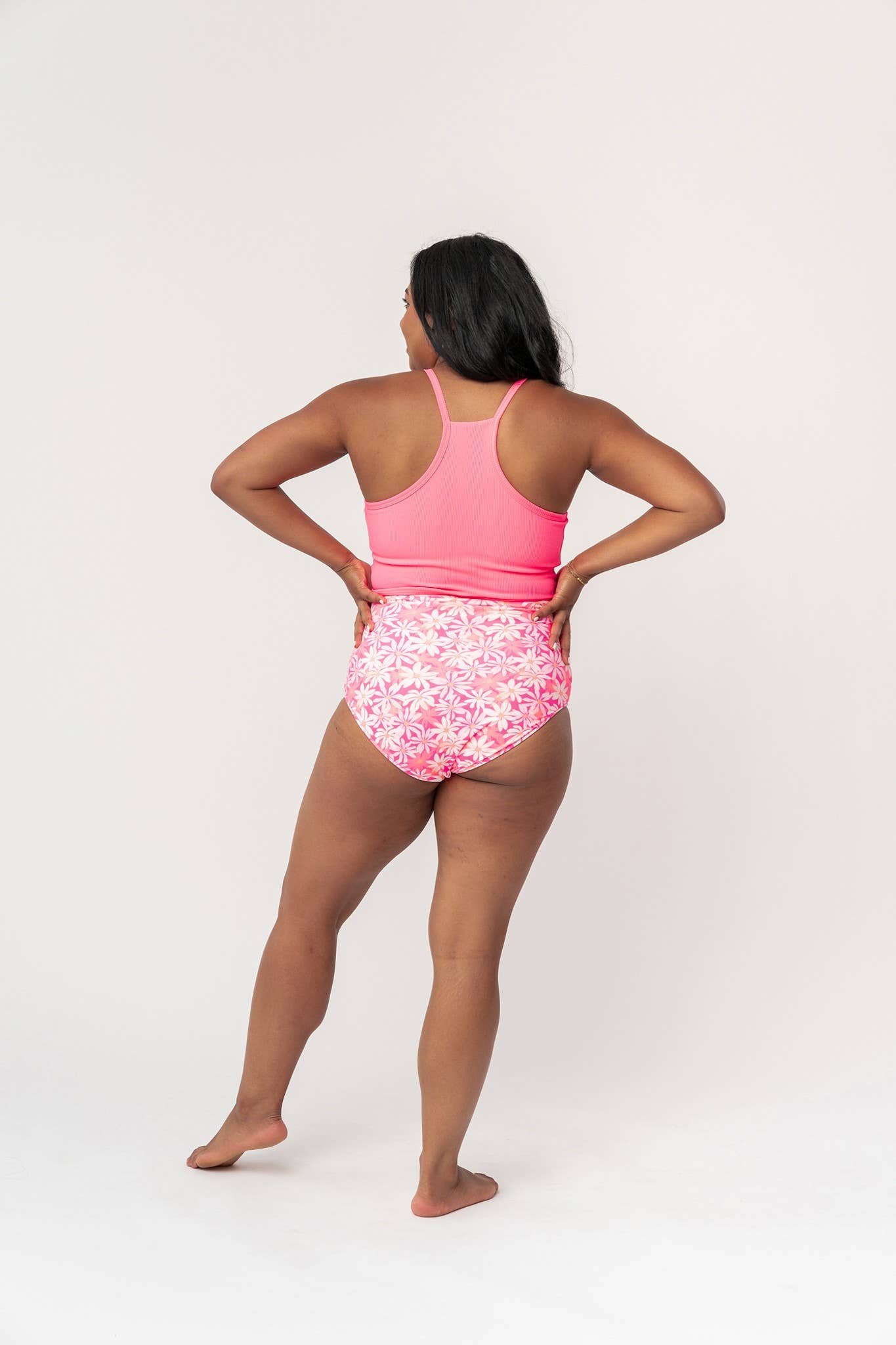 Pink High Rise Ribbed Swim Top