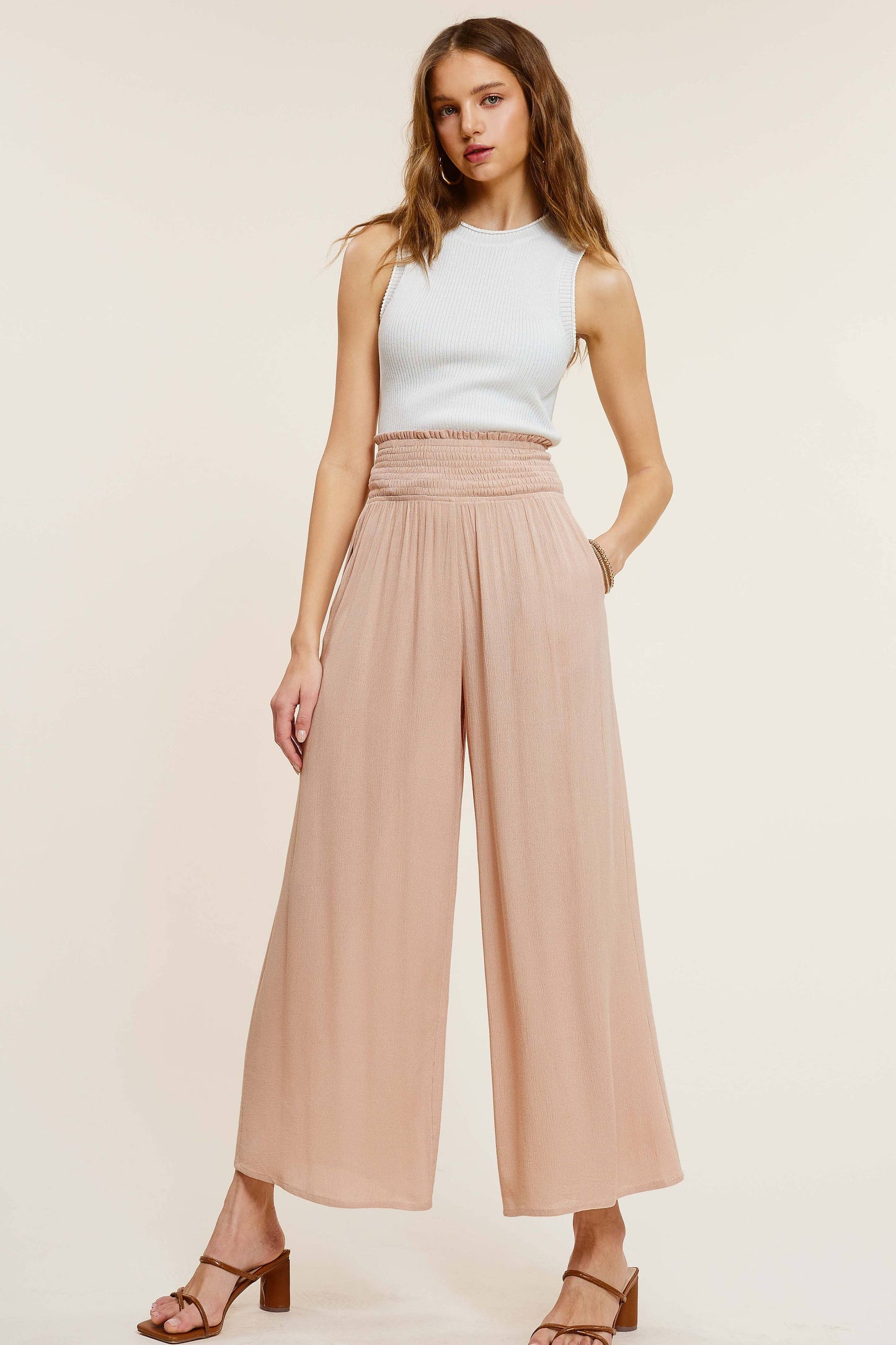 Wide Leg Smocked Elastic Waist Pants With Pockets
