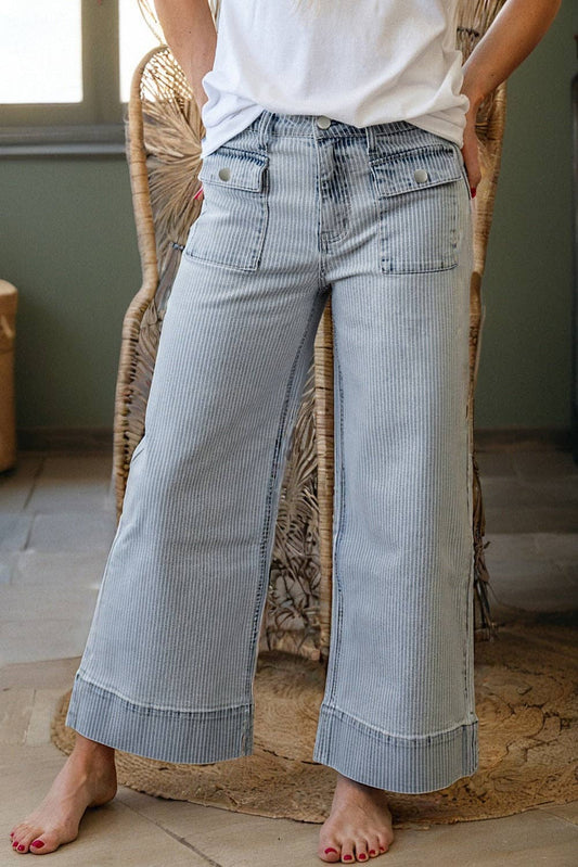 Sky Blue Stripe Cuffed Hem Wide Leg Jeans
