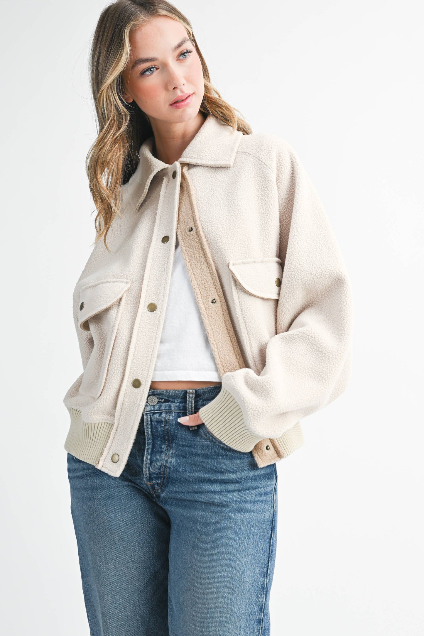 Cropped Button-Up Fleece Jacket