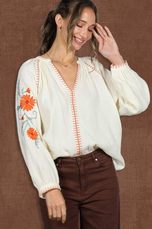 Floral Embroidered Gauze Blouse