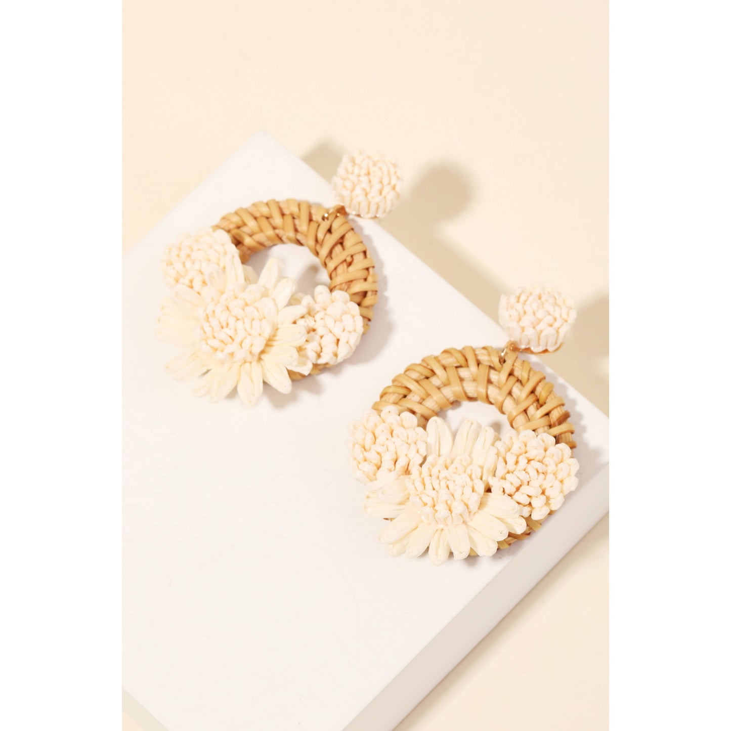 Raffia Flower Braided Hoop Drop Earrings