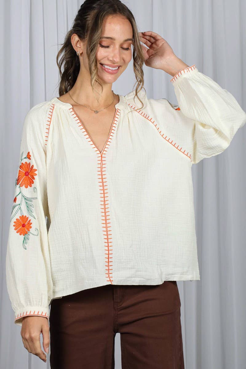 Floral Embroidered Gauze Blouse