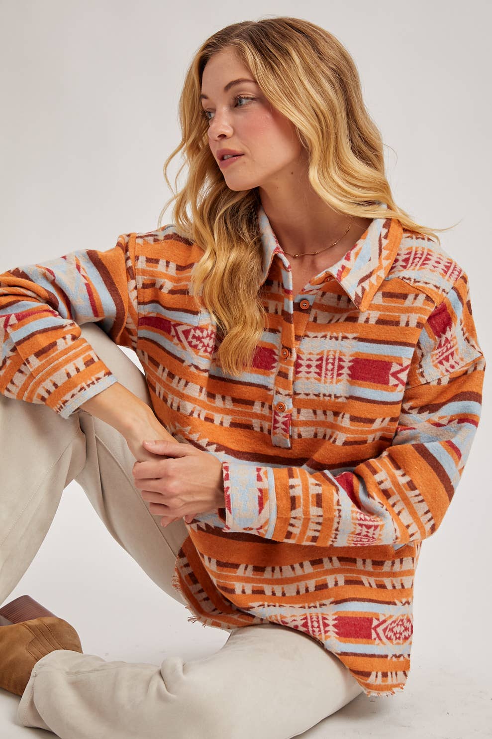 WESTERN GEOMETRIC PRINT HALF-BUTTON DOWN SHACKET PULLOVER