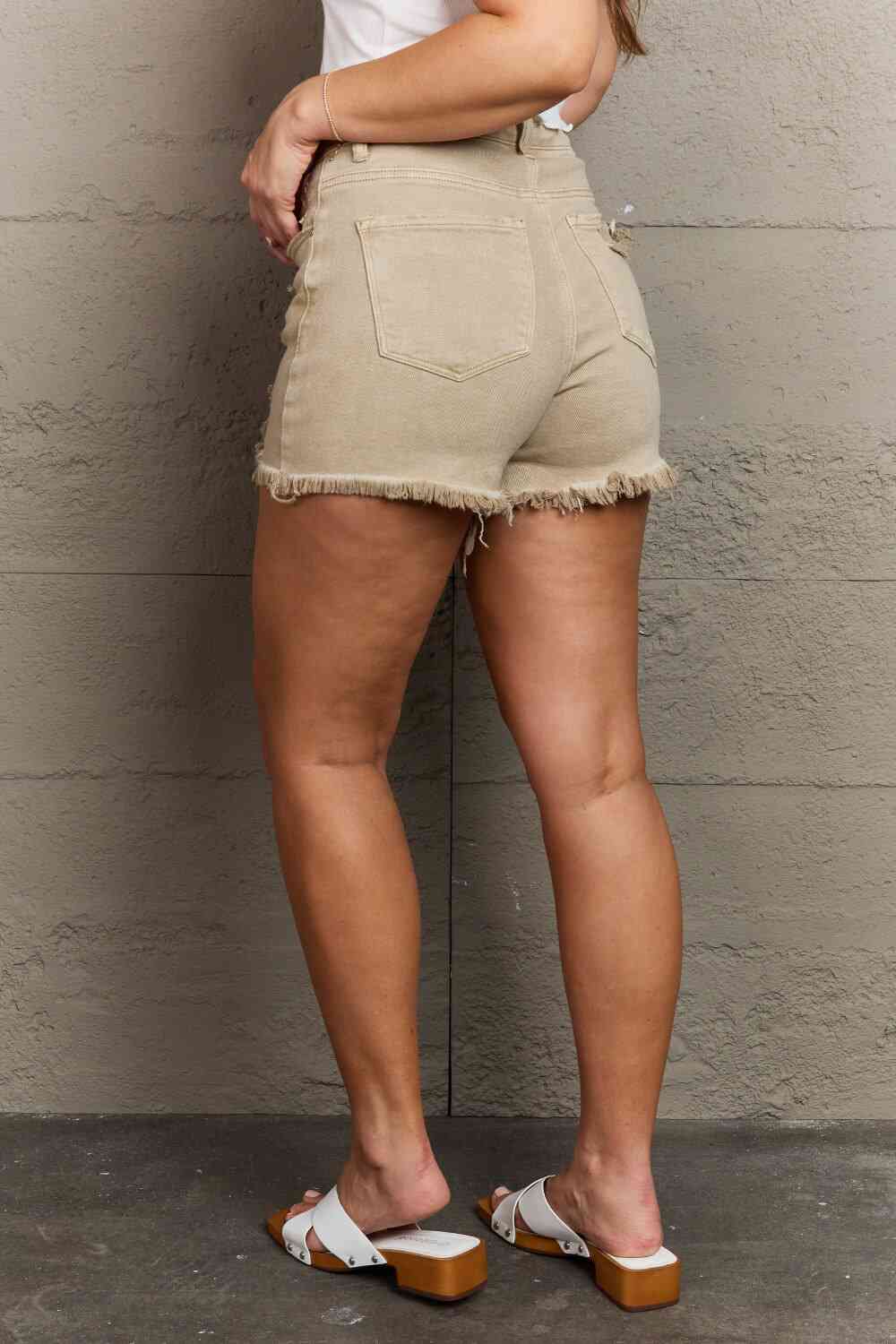 Katie High Waisted Distressed Shorts in Sand