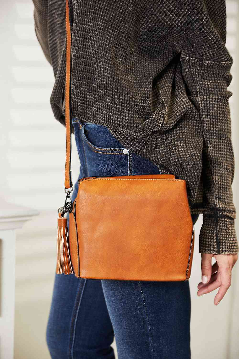 Faux Leather Crossbody Bag with Tassel