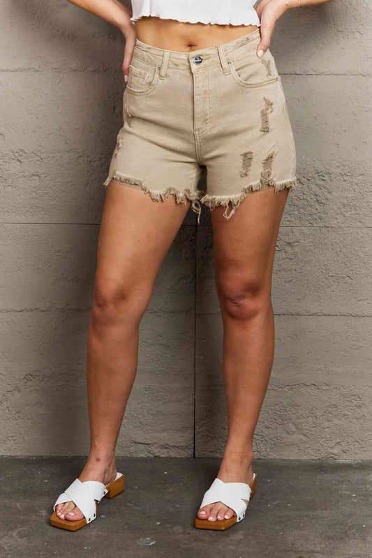 Katie High Waisted Distressed Shorts in Sand